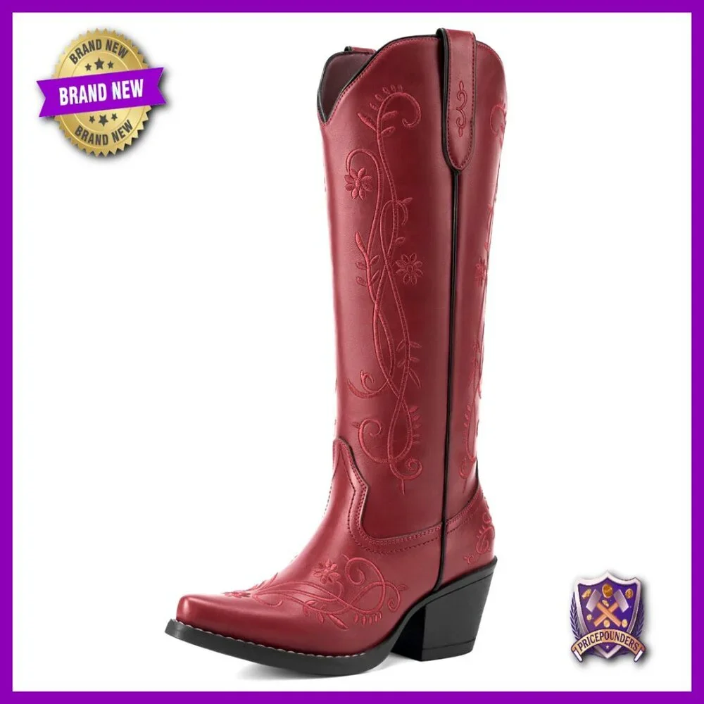 Knee High Cowgirl Boots Retro Vintage Chunky Heel Side Zipper Snip Toe